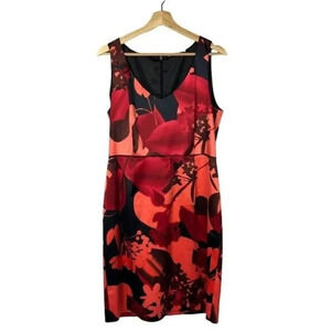 Tahari Red Floral Satin Sheath Pencil Knee Length Dress 8